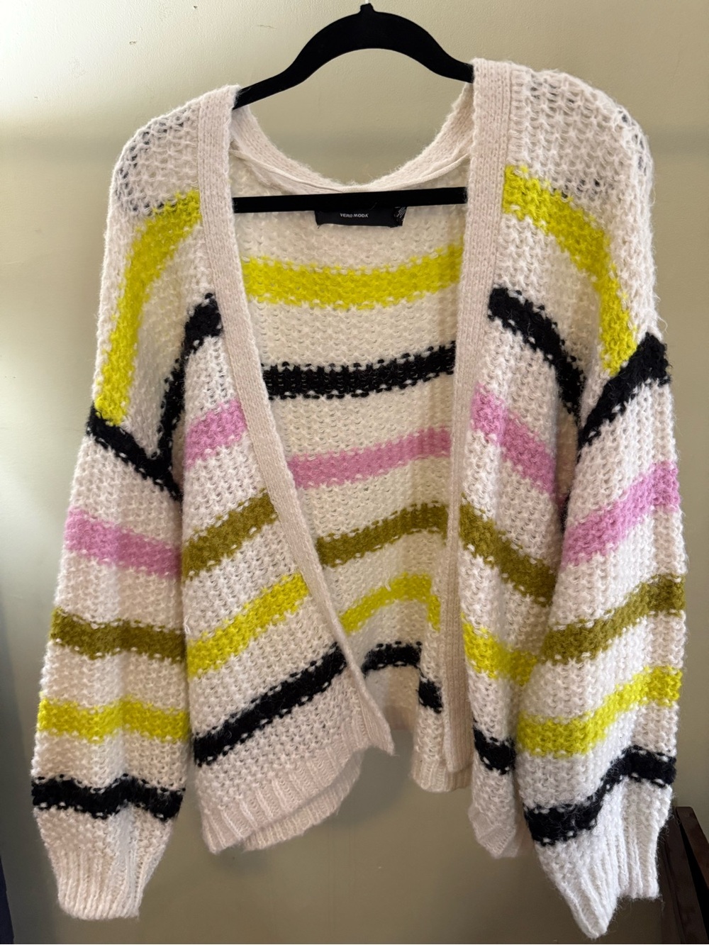 Vero Moda Cream Open-Front Cardigan with Pink, Yellow, Olive & Black Stripes